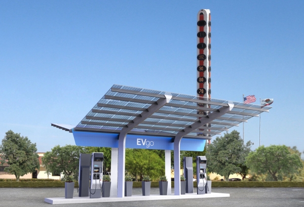 Stacja ładowania EVgo - wizualizacja obiektu z ładowarkami o mocy do 350 kW