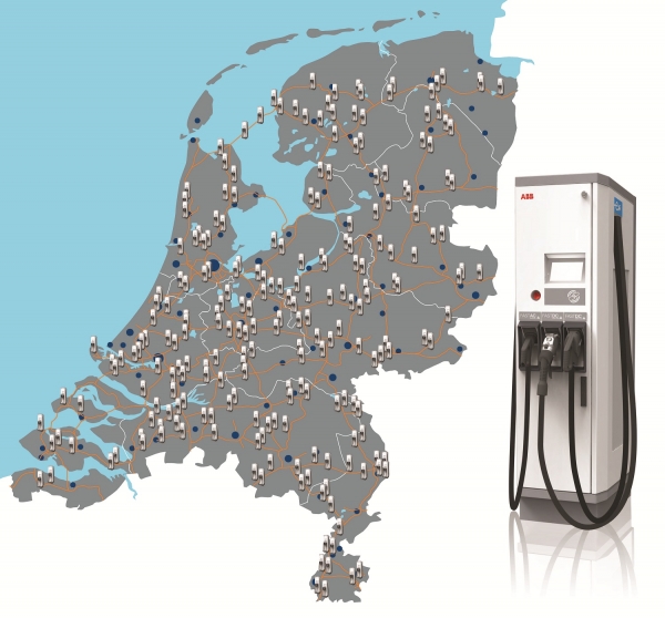 Mapa planowanych szybkich ładowarek ABB dla sieci Fastned w Holandii