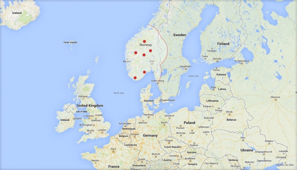 sieć pierwszych 6 stacji Tesla Supercharger w Norwegii - 30 sierpień 2013r.