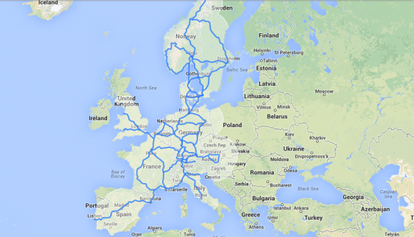 Drogi, przy których Tesla planuje w Europie zainstalować stacje szybkiego ładowania do końca 2014r.