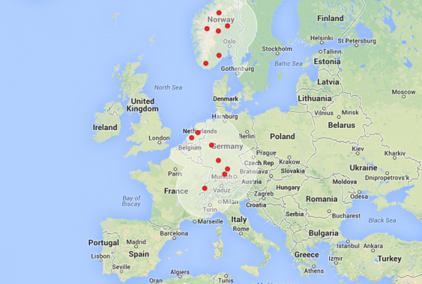 sieć stacji szybkiego ładowania Tesla Motors w Europie - 15 grudzień 2013r.